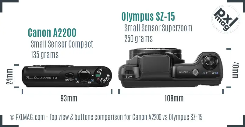 Canon A2200 vs Olympus SZ-15 top view buttons comparison Canon A2200 vs Olympus SZ-15 top view buttons comparison