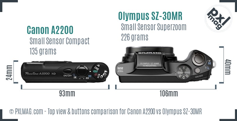 Canon A2200 vs Olympus SZ-30MR top view buttons comparison