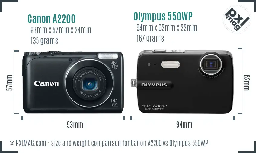 Canon A2200 vs Olympus 550WP size comparison