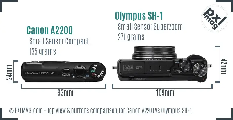 Canon A2200 vs Olympus SH-1 top view buttons comparison