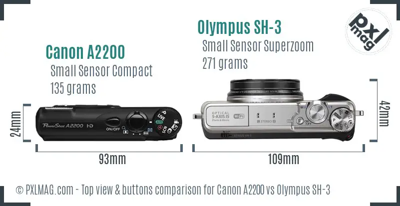 Canon A2200 vs Olympus SH-3 top view buttons comparison