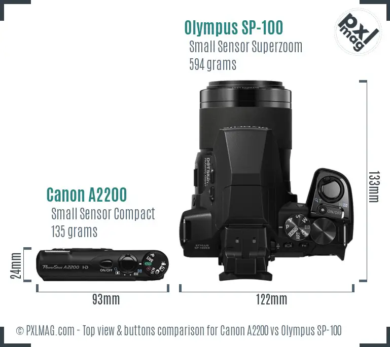 Canon A2200 vs Olympus SP-100 top view buttons comparison