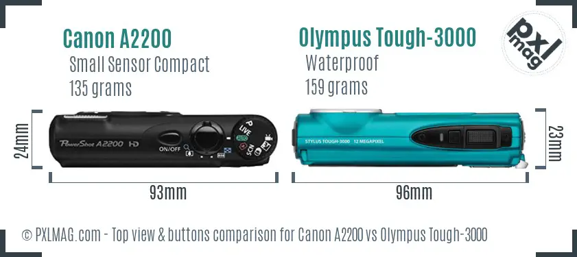 Canon A2200 vs Olympus Tough-3000 top view buttons comparison