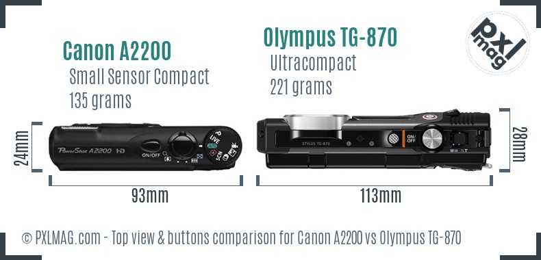 Canon A2200 vs Olympus TG-870 top view buttons comparison