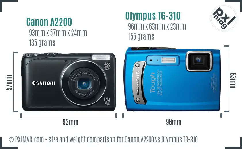 Canon A2200 vs Olympus TG-310 size comparison