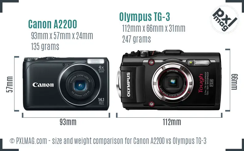 Canon A2200 vs Olympus TG-3 size comparison