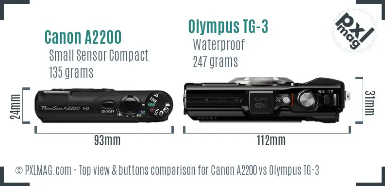 Canon A2200 vs Olympus TG-3 top view buttons comparison