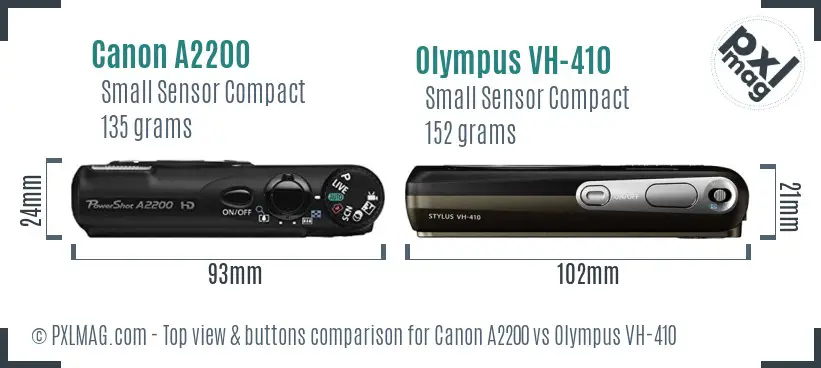 Canon A2200 vs Olympus VH-410 top view buttons comparison