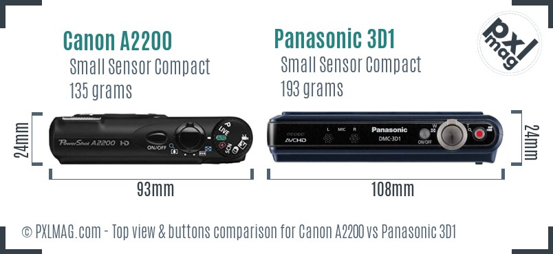 Canon A2200 vs Panasonic 3D1 top view buttons comparison