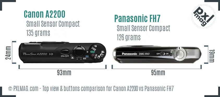 Canon A2200 vs Panasonic FH7 top view buttons comparison Canon A2200 vs Panasonic FH7 top view buttons comparison
