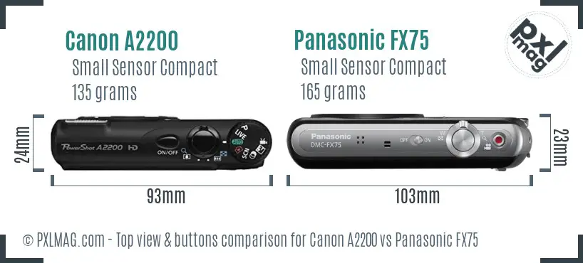 Canon A2200 vs Panasonic FX75 top view buttons comparison
