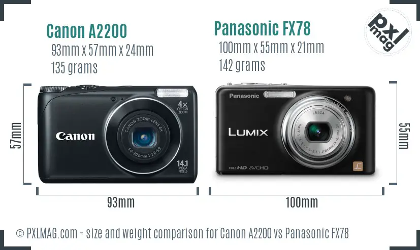 Canon A2200 vs Panasonic FX78 size comparison