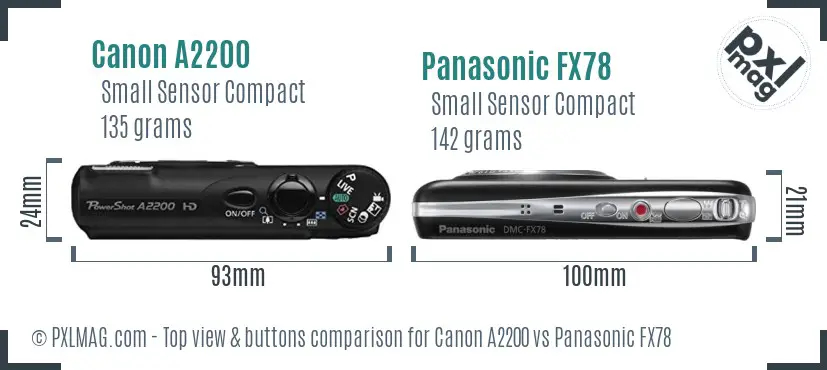 Canon A2200 vs Panasonic FX78 top view buttons comparison