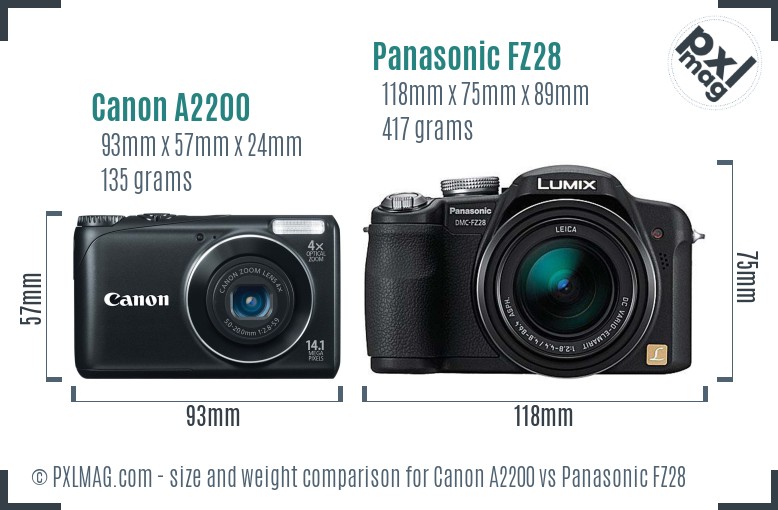 Canon A2200 vs Panasonic FZ28 size comparison
