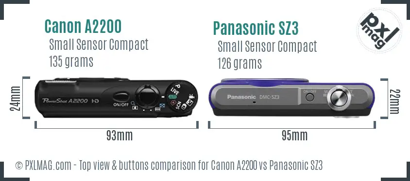 Canon A2200 vs Panasonic SZ3 top view buttons comparison Canon A2200 vs Panasonic SZ3 top view buttons comparison