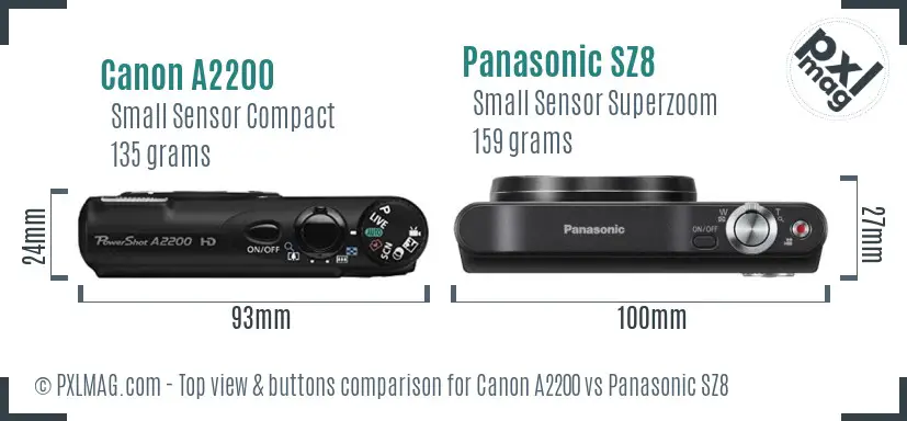 Canon A2200 vs Panasonic SZ8 top view buttons comparison