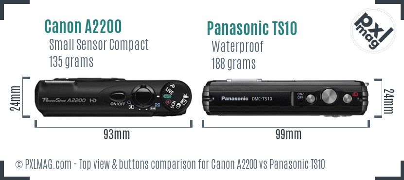 Canon A2200 vs Panasonic TS10 top view buttons comparison