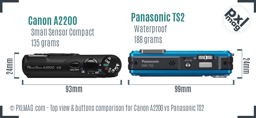 Canon A2200 vs Panasonic TS2 top view buttons comparison