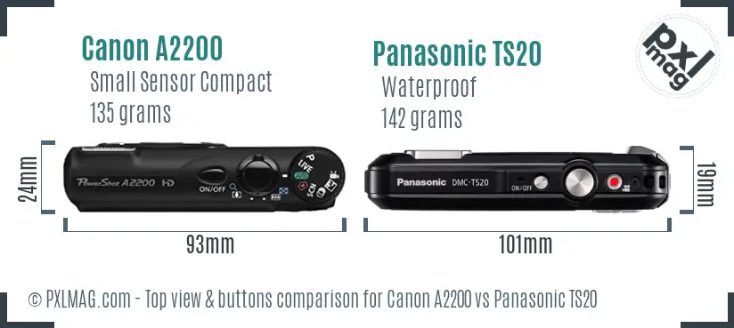 Canon A2200 vs Panasonic TS20 top view buttons comparison