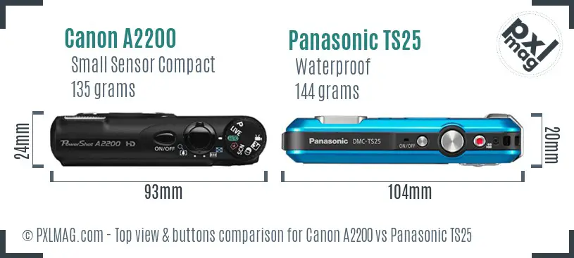 Canon A2200 vs Panasonic TS25 top view buttons comparison