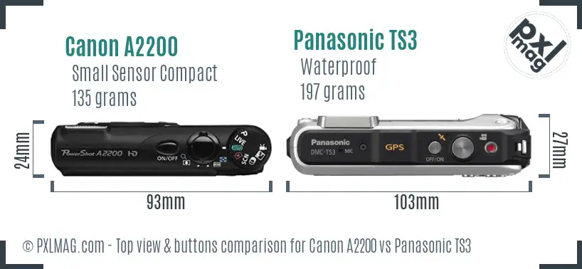 Canon A2200 vs Panasonic TS3 top view buttons comparison Canon A2200 vs Panasonic TS3 top view buttons comparison