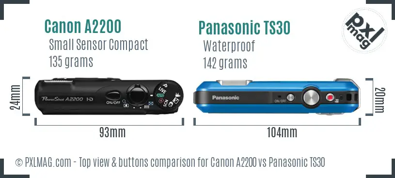 Canon A2200 vs Panasonic TS30 top view buttons comparison Canon A2200 vs Panasonic TS30 top view buttons comparison