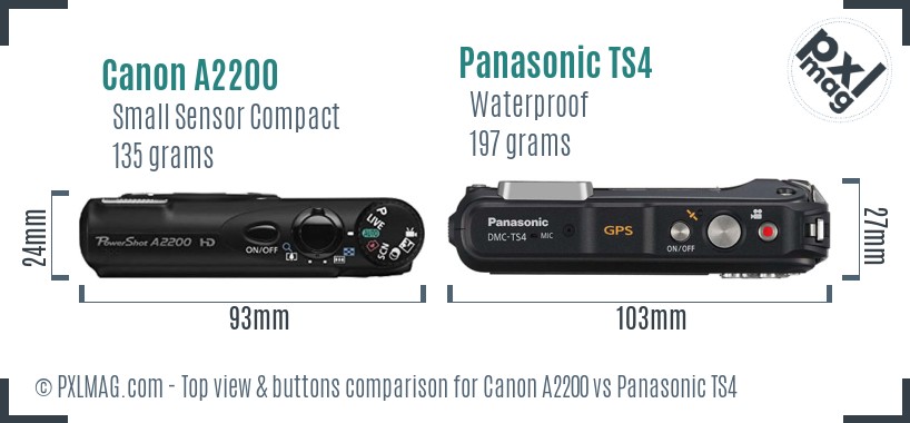 Canon A2200 vs Panasonic TS4 top view buttons comparison