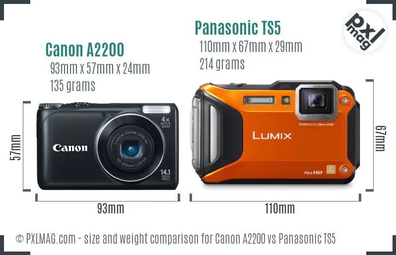 Canon A2200 vs Panasonic TS5 size comparison