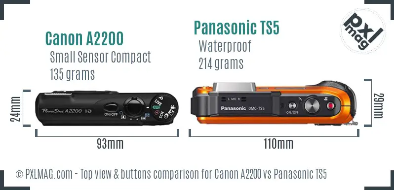 Canon A2200 vs Panasonic TS5 top view buttons comparison