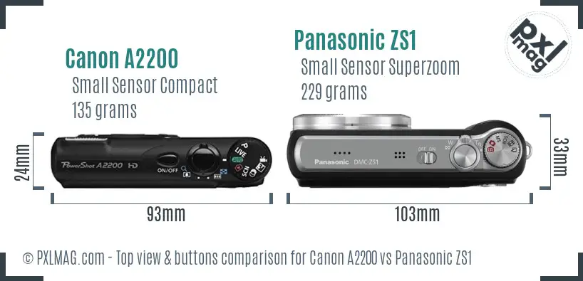 Canon A2200 vs Panasonic ZS1 top view buttons comparison