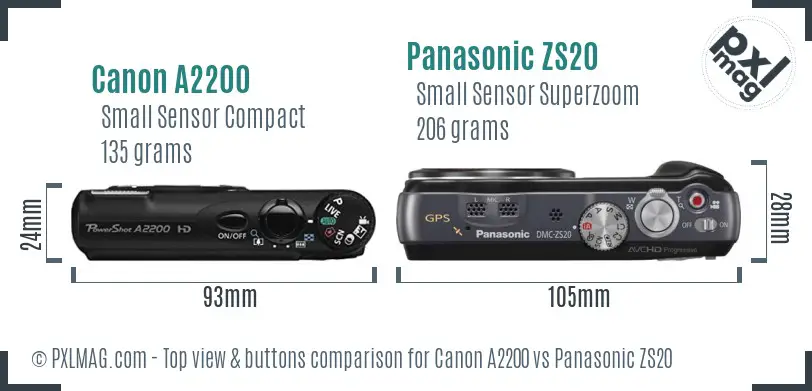Canon A2200 vs Panasonic ZS20 top view buttons comparison