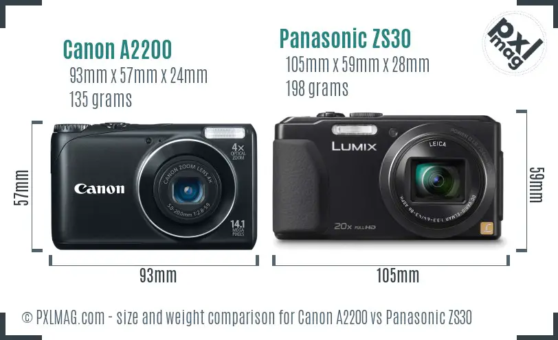 Canon A2200 vs Panasonic ZS30 size comparison