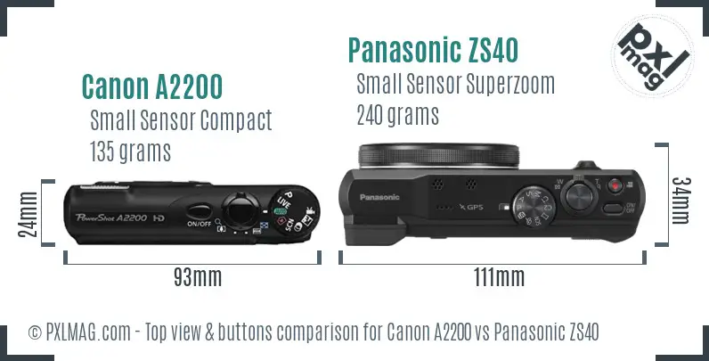 Canon A2200 vs Panasonic ZS40 top view buttons comparison