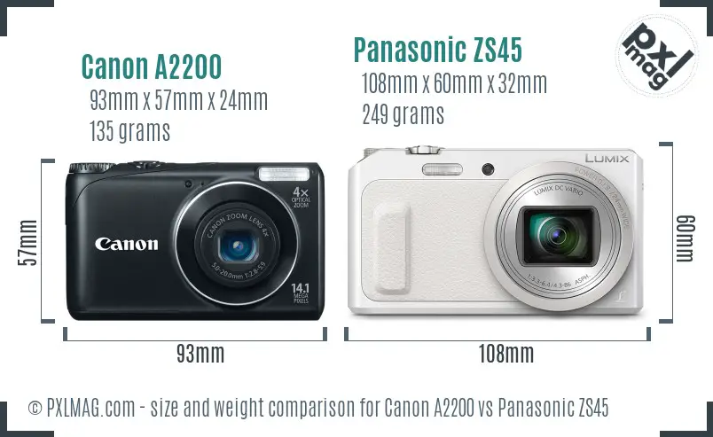 Canon A2200 vs Panasonic ZS45 size comparison