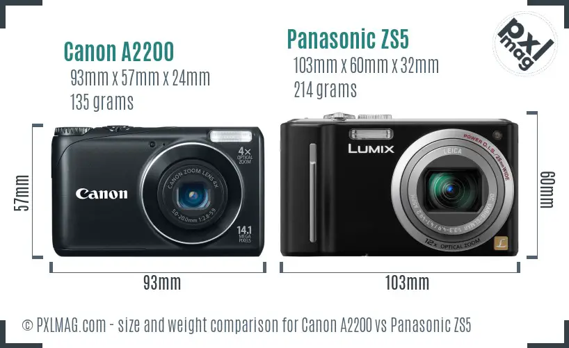 Canon A2200 vs Panasonic ZS5 size comparison