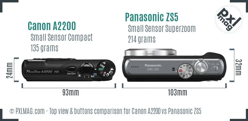 Canon A2200 vs Panasonic ZS5 top view buttons comparison
