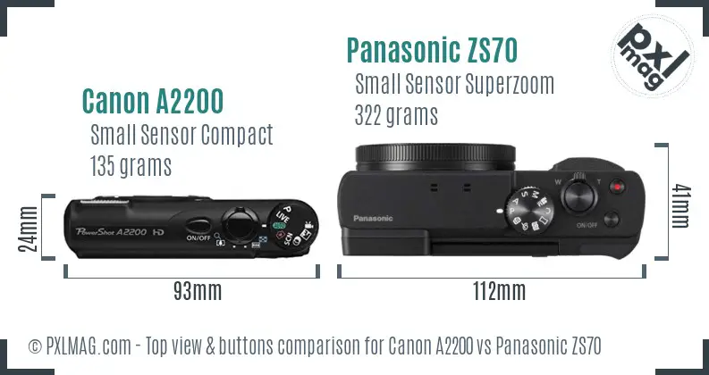 Canon A2200 vs Panasonic ZS70 top view buttons comparison