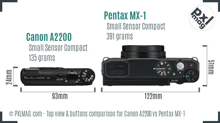 Canon A2200 vs Pentax MX-1 top view buttons comparison