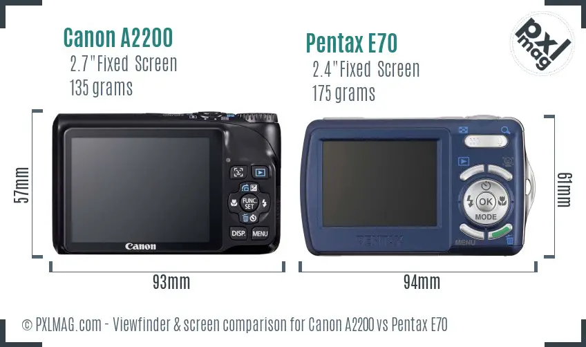 Canon A2200 vs Pentax E70 Screen and Viewfinder comparison