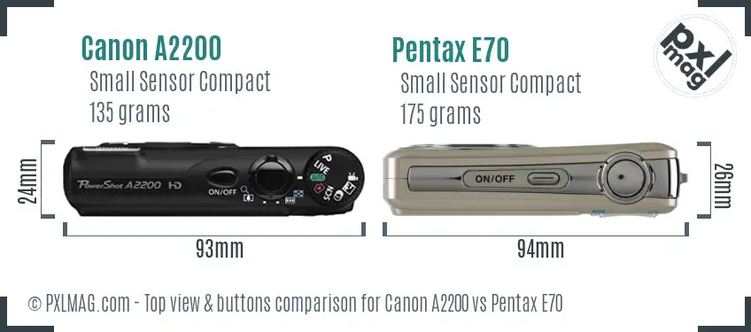 Canon A2200 vs Pentax E70 top view buttons comparison