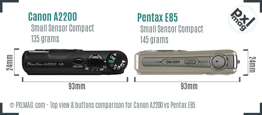 Canon A2200 vs Pentax E85 top view buttons comparison