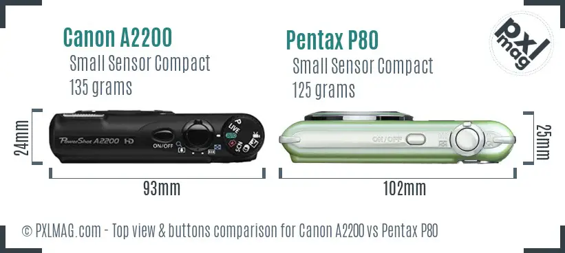 Canon A2200 vs Pentax P80 top view buttons comparison