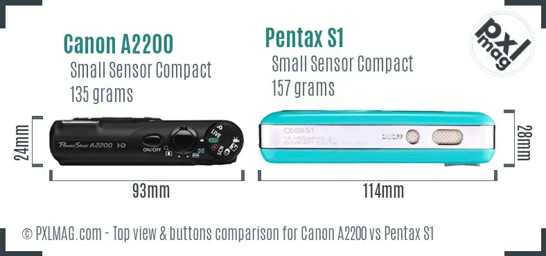 Canon A2200 vs Pentax S1 top view buttons comparison