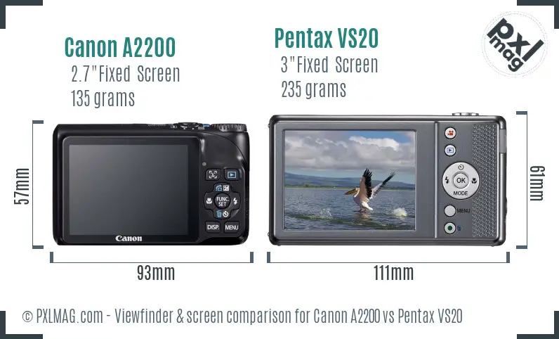Canon A2200 vs Pentax VS20 Screen and Viewfinder comparison