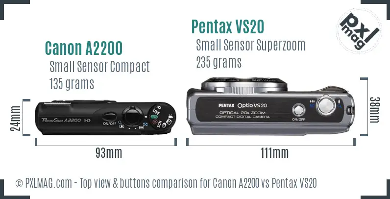 Canon A2200 vs Pentax VS20 top view buttons comparison