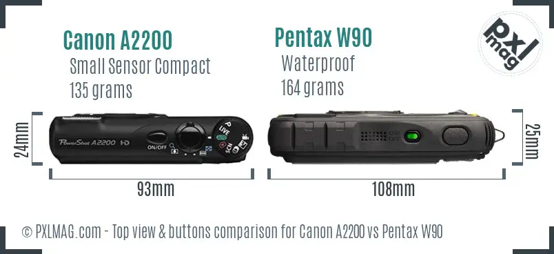 Canon A2200 vs Pentax W90 top view buttons comparison