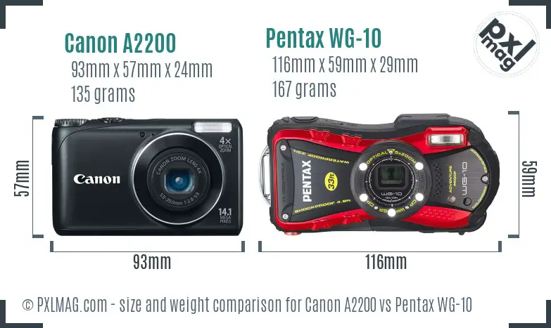 Canon A2200 vs Pentax WG-10 size comparison