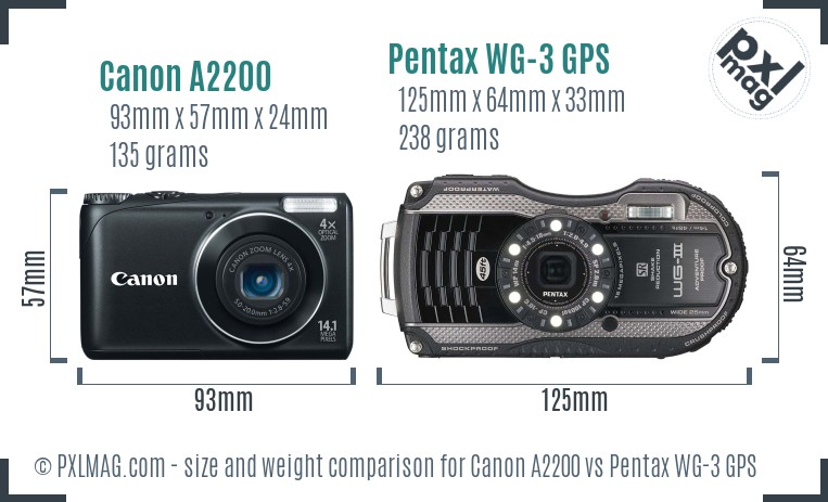 Canon A2200 vs Pentax WG-3 GPS size comparison