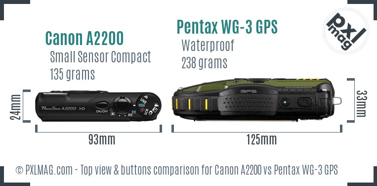 Canon A2200 vs Pentax WG-3 GPS top view buttons comparison