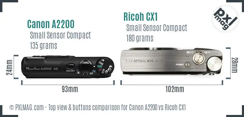 Canon A2200 vs Ricoh CX1 top view buttons comparison Canon A2200 vs Ricoh CX1 top view buttons comparison